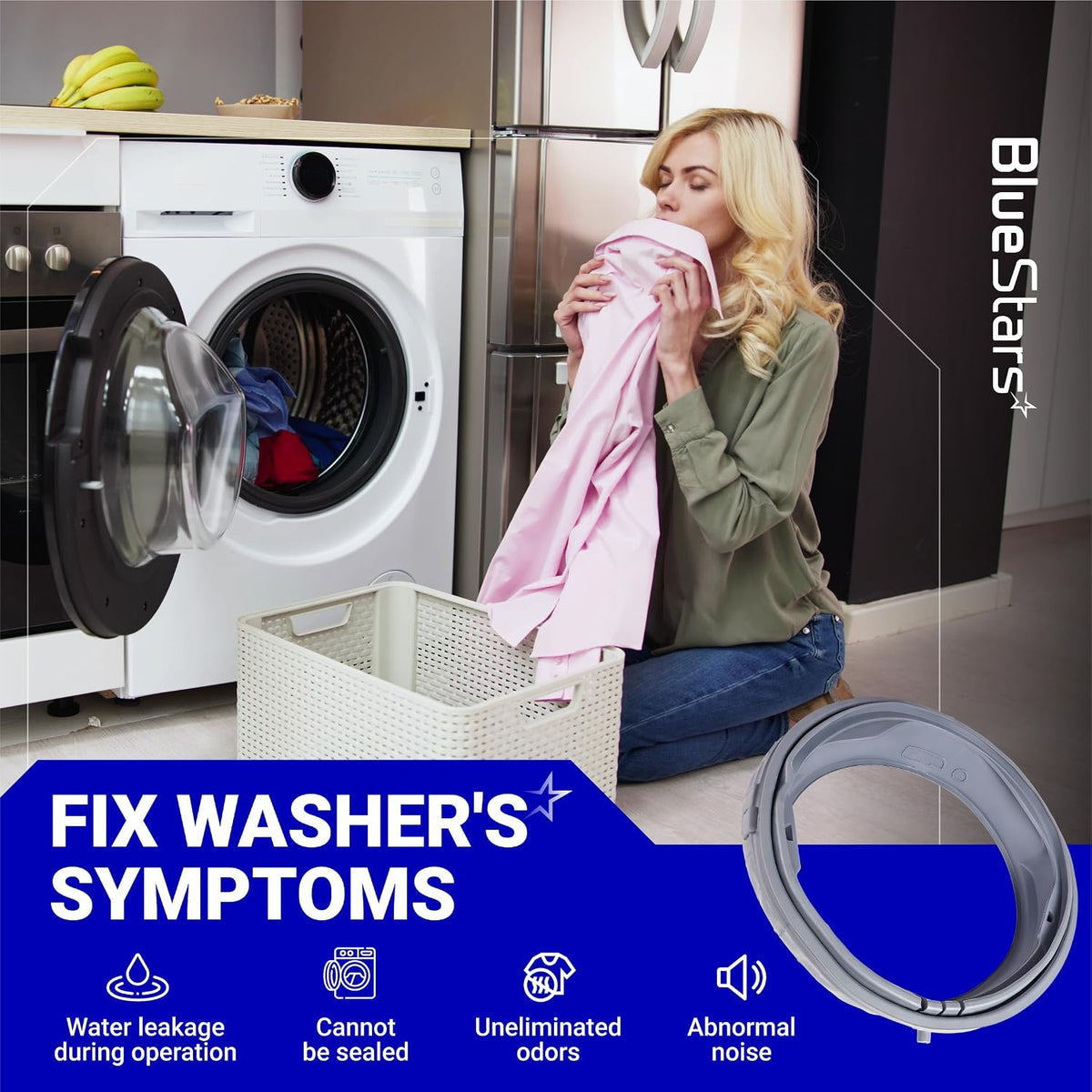 MDS47123619 Washer Door Seal with Extra Removal Tools, graphic showing open washer, seal, and laundry symptom icons