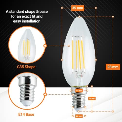 C35 4W LED bulb with E14 base showing dimensions and technical specifications diagram.