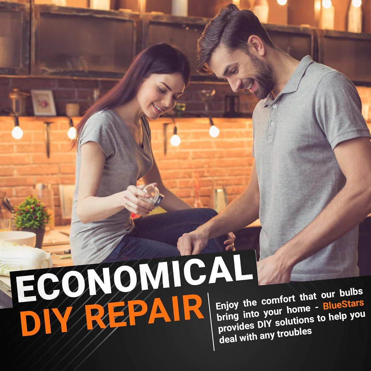 Couple in a warm-lit kitchen using C35 4W E14 LED bulbs for home lighting and DIY repair.