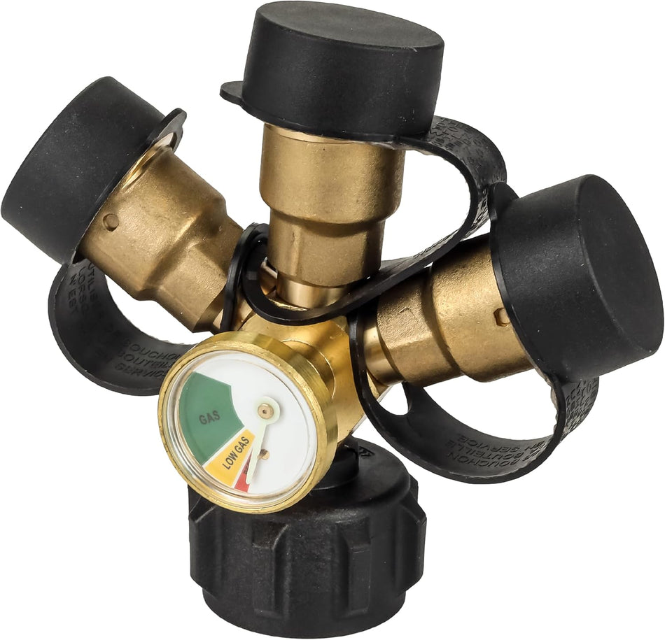 3 Way Propane Splitter Propane Connector QCC/POL with Gauge and Shut-Off Valve