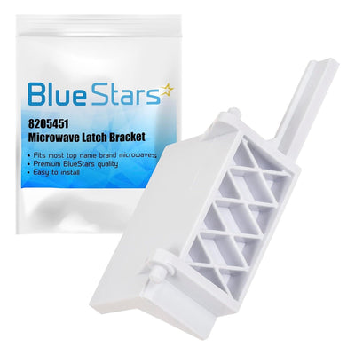 White 8205451 microwave latch bracket replacement part with branded packaging.
