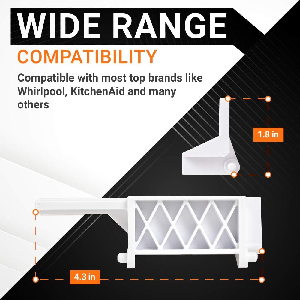 Infographic showing dimensions of 8205451 microwave latch bracket compatible with Whirlpool and KitchenAid.