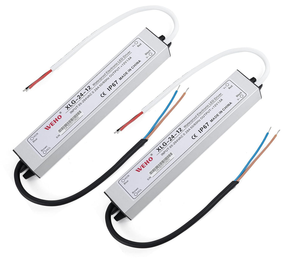 24W 12V LED Power Supply Driver 1.5A - 120VAC to 12V DC Transformer, IP67 Waterproof