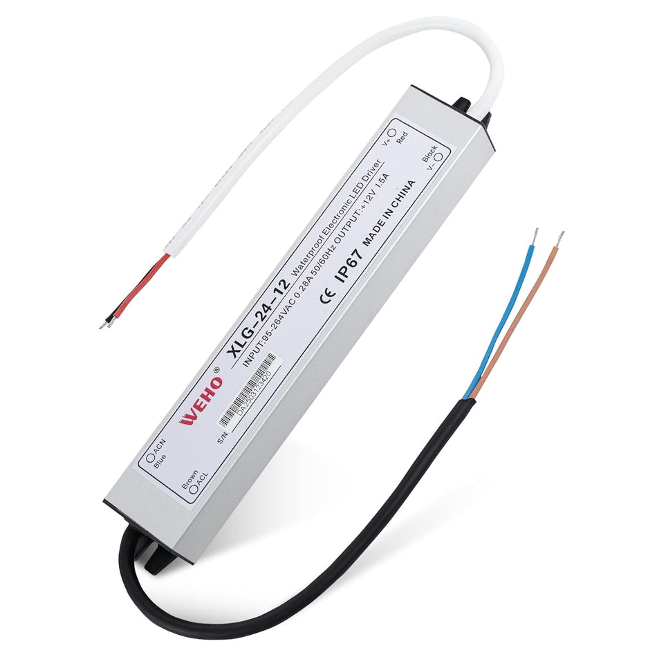 [Lifetime Warranty] 24W 12V LED Power Supply Driver 1.5A - 120VAC to 12V DC Transformer (IP67 Waterproof)