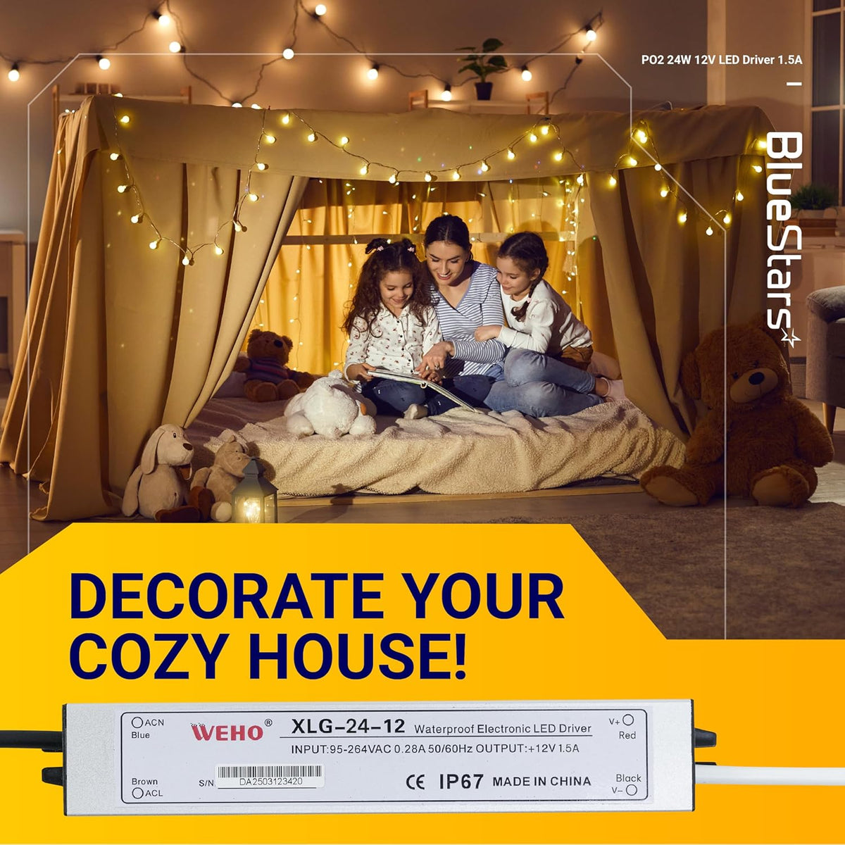 24W 12V LED power supply driver powering string lights in a cozy indoor tent setting.