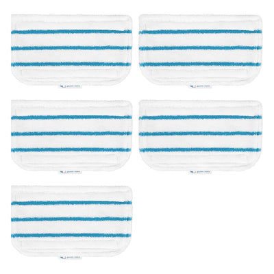 Set of 5 white microfiber replacement steam mop pads with blue stripes for Black and Decker steam mops.