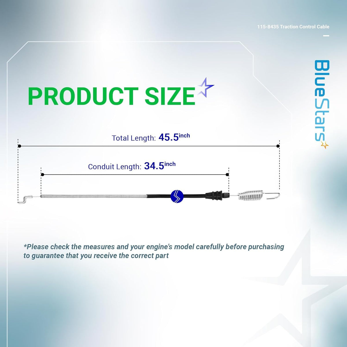 Dimensional diagram of 115-8435 traction cable for Toro Recycler lawn mowers showing total and conduit lengths.