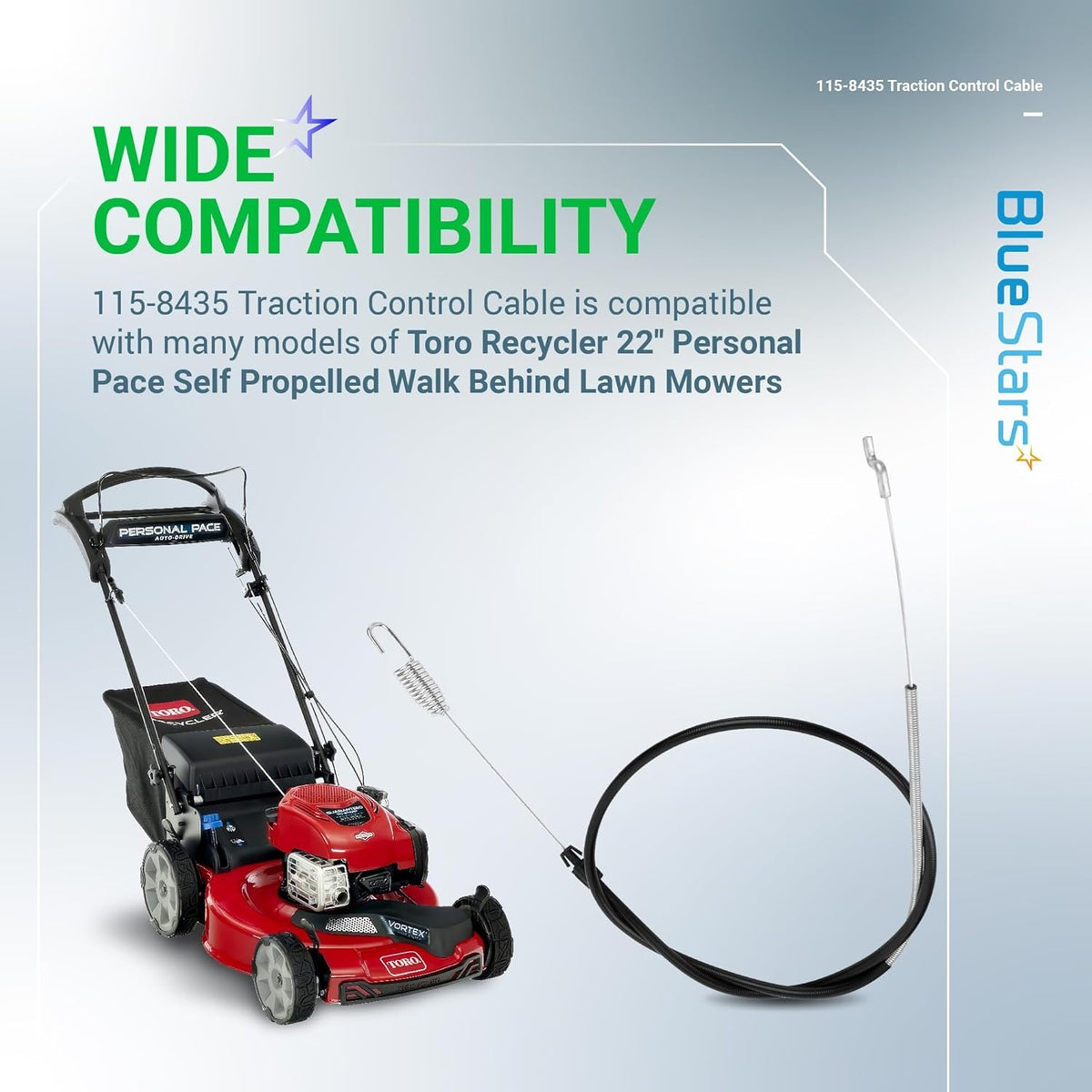 115-8435 traction control cable for Toro Recycler 22-inch Personal Pace lawn mowers with compatibility graphic.