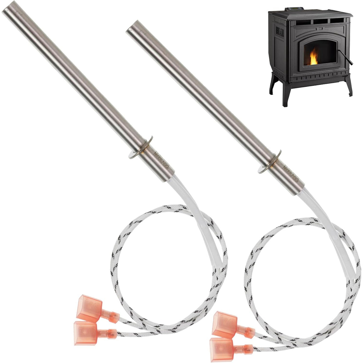 SRV7000-660 igniter 2-pack, two heating elements with wires and connectors shown beside a pellet stove