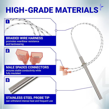 SRV7000-660 Igniter feature graphic showing braided wire harness, male spade connectors, and stainless steel probe tip