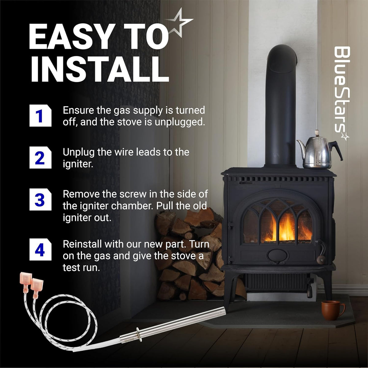 SRV7000-660 Igniter easy-install graphic with a pellet stove, instructions, and igniter shown at the bottom
