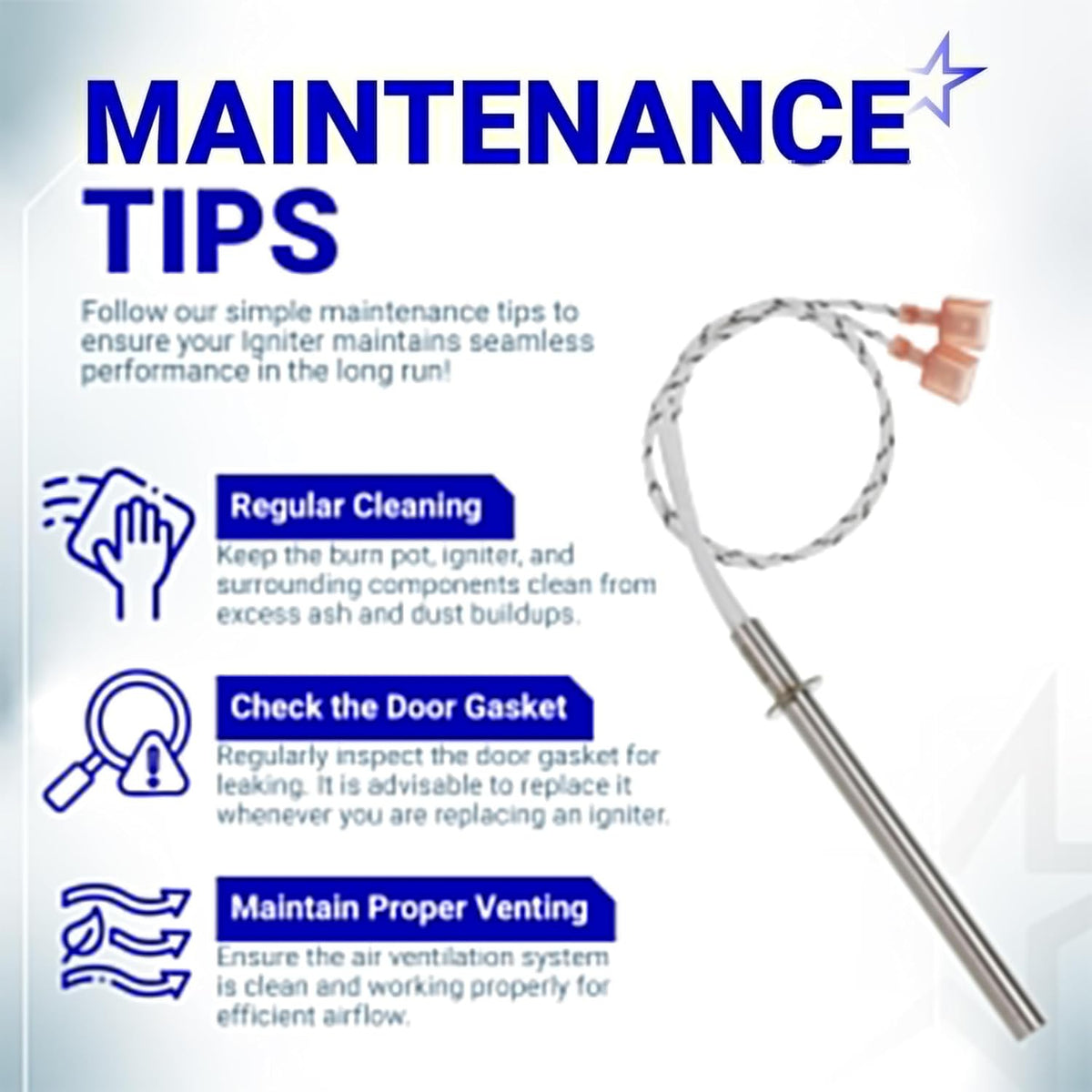 SRV7000-660 Igniter maintenance tips graphic with igniter illustration and cleaning, door gasket, and venting guidance