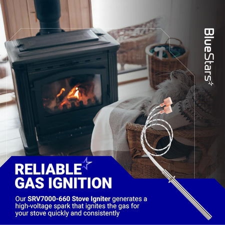 SRV7000-660 Igniter marketing graphic showing the igniter over a pellet stove with reliable gas ignition text