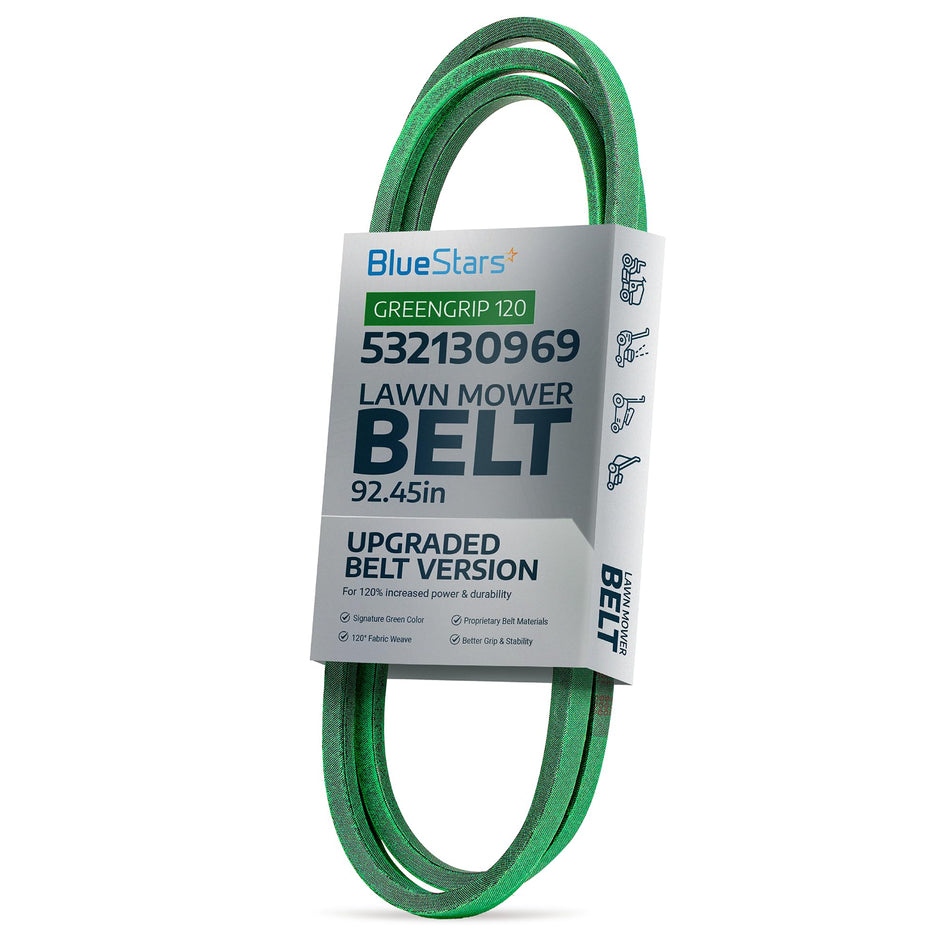Green 532130969 lawn mower drive belt in branded packaging for Husqvarna and Craftsman mowers.