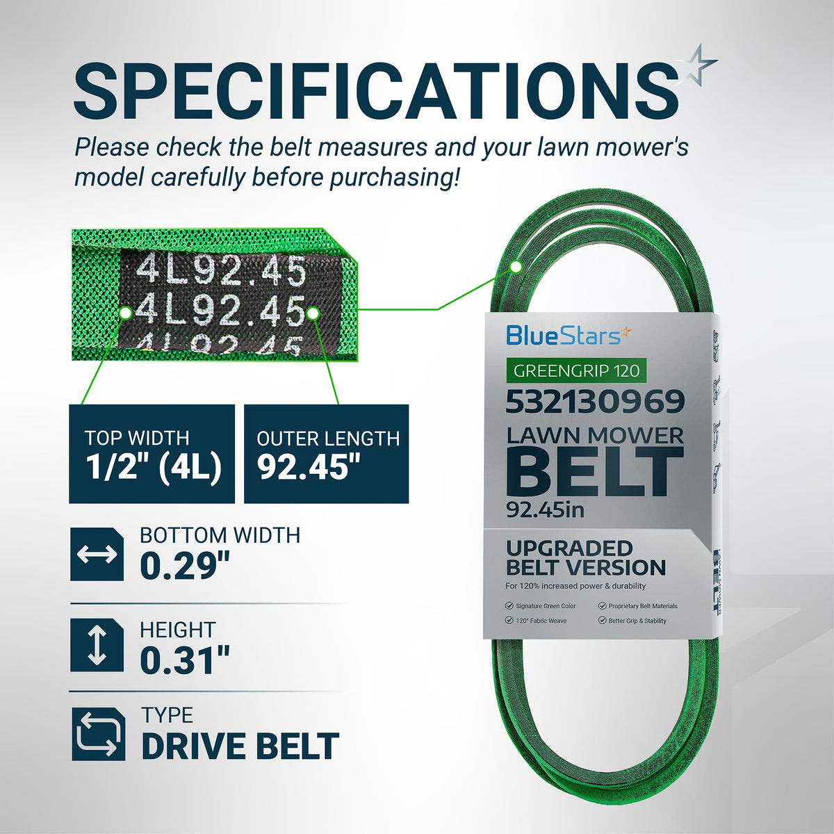 Specification chart for 532130969 lawn mower drive belt showing dimensions, width, and length measurements.