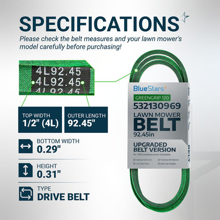 Specification chart for 532130969 lawn mower drive belt showing dimensions, width, and length measurements.