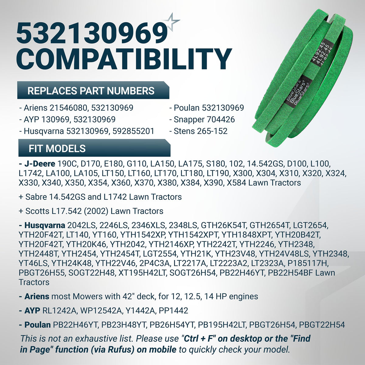 532130969 drive belt compatibility chart for Husqvarna, Craftsman, and Poulan lawn tractors.