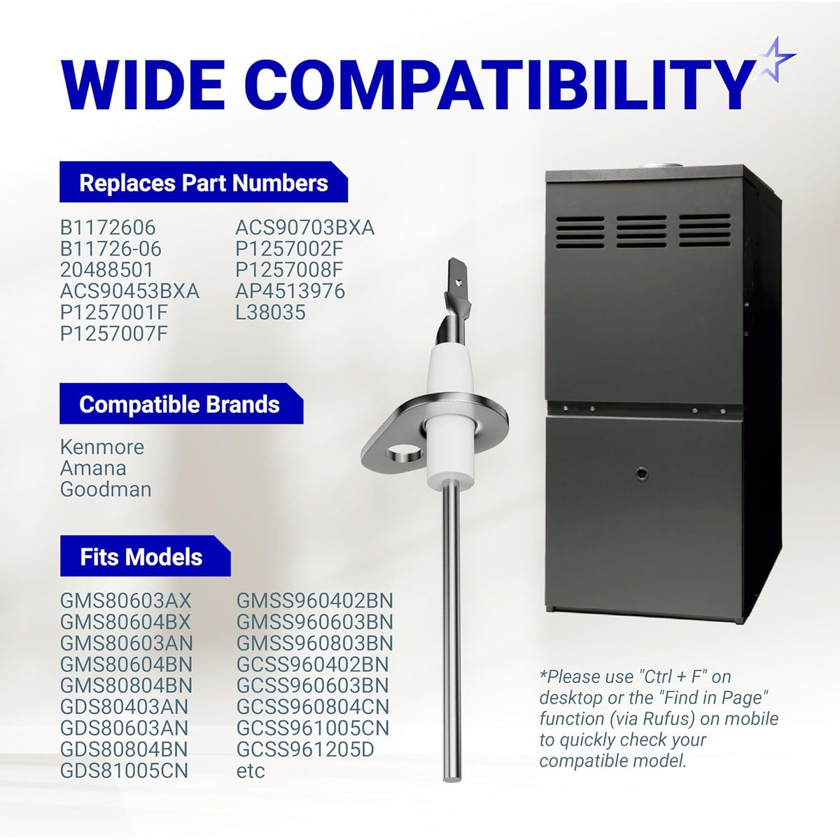 0130F00010 furnace flame sensor compatibility chart showing compatible brands, part numbers, and furnace models.