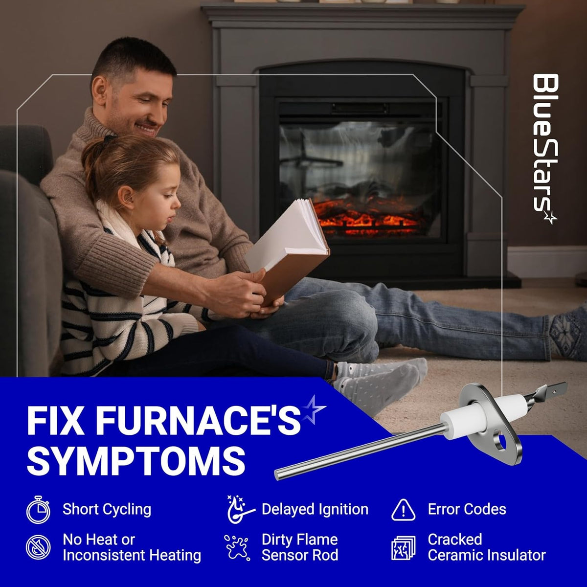 0130F00010 furnace flame sensor replacement part shown with infographic on fixing common furnace heating symptoms.