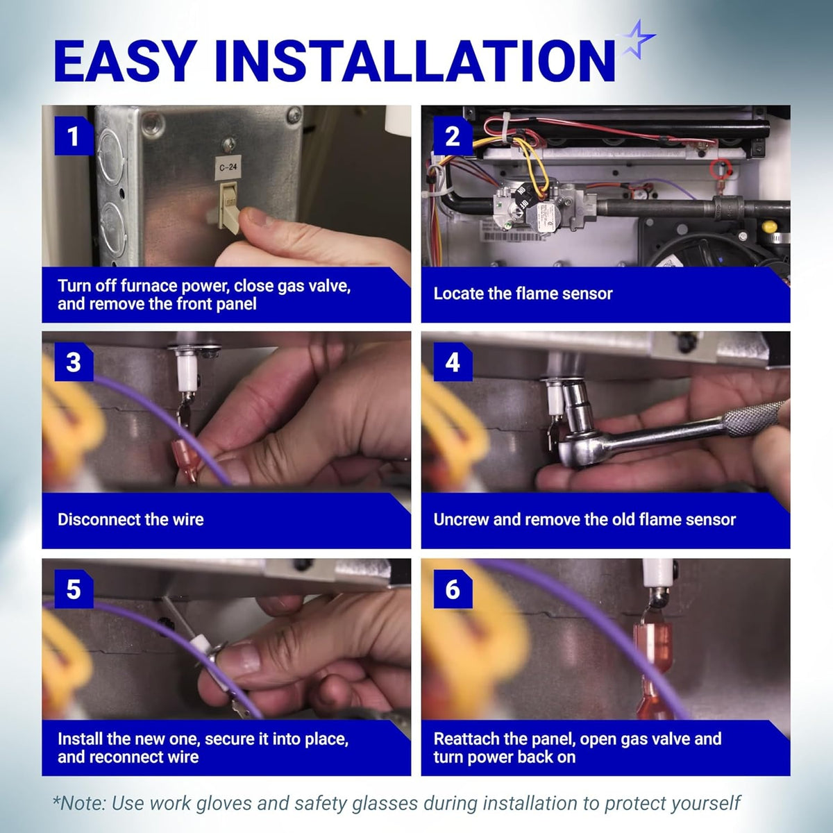 Six-step instructional guide for installing a 0130F00010 furnace flame sensor.