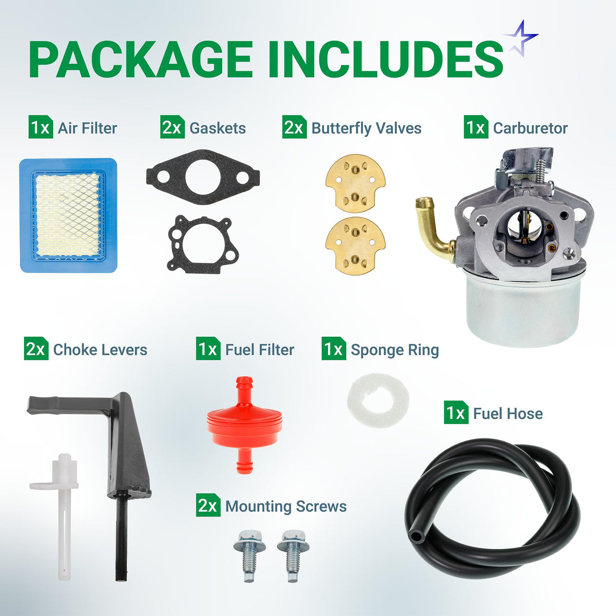 Intek 206 carburetor maintenance kit components including air filter, gaskets, valves, fuel filter, and hose.