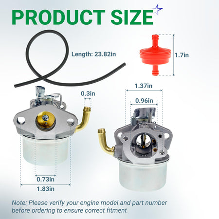 Dimensional diagram showing Intek 206 carburetor, fuel hose, and fuel filter with specific measurements.