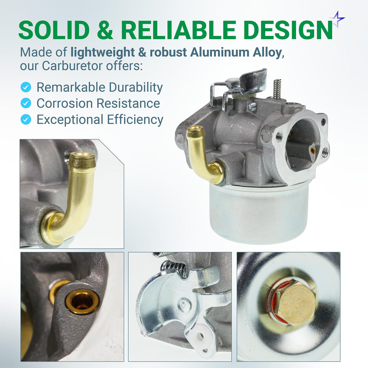 Intek 206 aluminum alloy carburetor replacement with detailed close-up views of fuel inlet, choke, and bowl bolt.