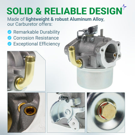 Intek 206 aluminum alloy carburetor replacement with detailed close-up views of fuel inlet, choke, and bowl bolt.