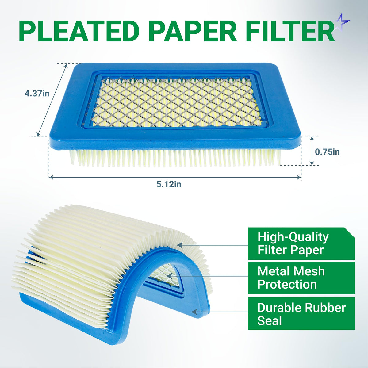 Pleated paper air filter for Intek 206 maintenance kit with dimensions and material callouts.