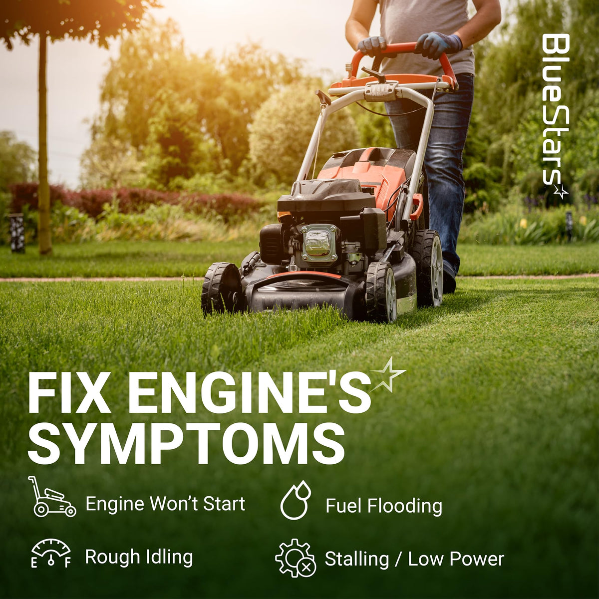 Person mowing lawn with Intek 206 engine to illustrate symptoms fixed by carburetor air filter maintenance kit.