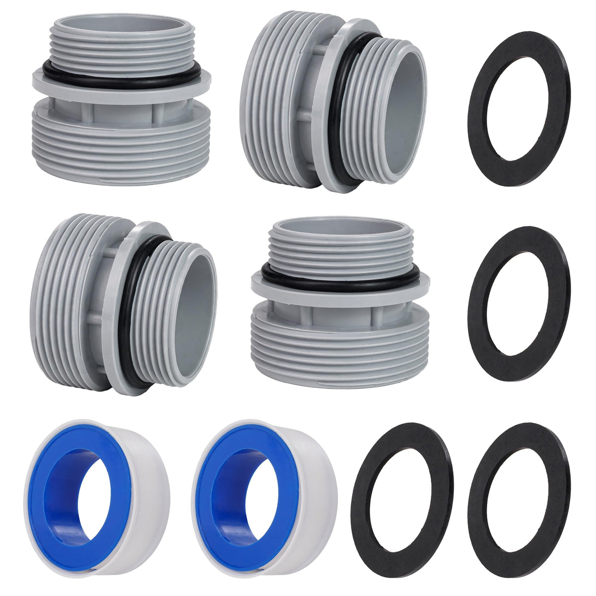 Set of 4 pool hose conversion adapters with O-rings and gaskets for 40mm to 1 1/2 inch pool pump connections.