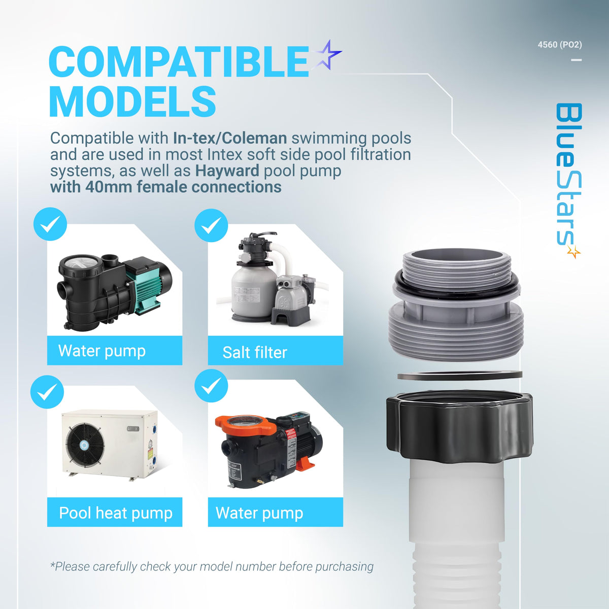 Infographic showing 4560 pool hose conversion adapter compatibility with Intex, Hayward, and Coleman filtration systems.