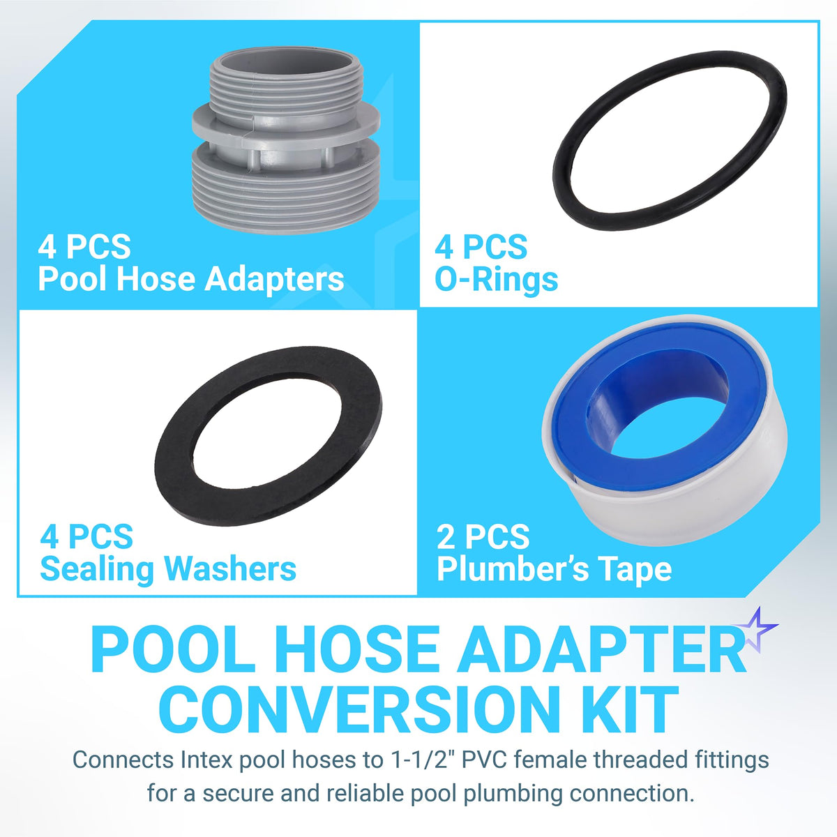 Pool hose adapter conversion kit components including adapters, O-rings, sealing washers, and plumber's tape.