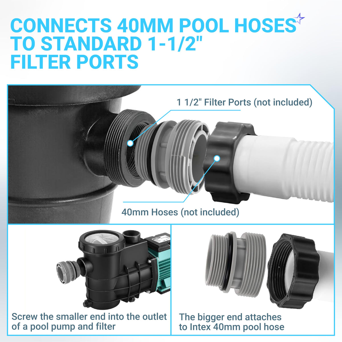 Diagram showing 4560 conversion adapter connecting 40mm pool hoses to 1 1/2 inch filter pump ports.