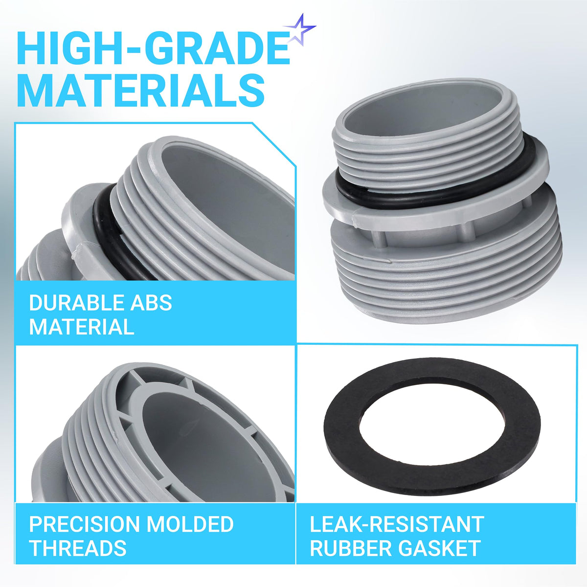 Close-up details of 4560 pool hose conversion adapter showing ABS material, threaded design, and rubber gasket.