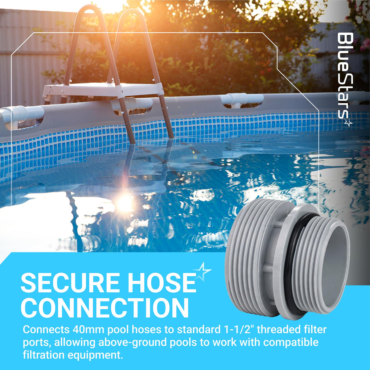 4560 pool hose conversion adapter for 40mm to 1 1/2 inch threaded filter pump connections.