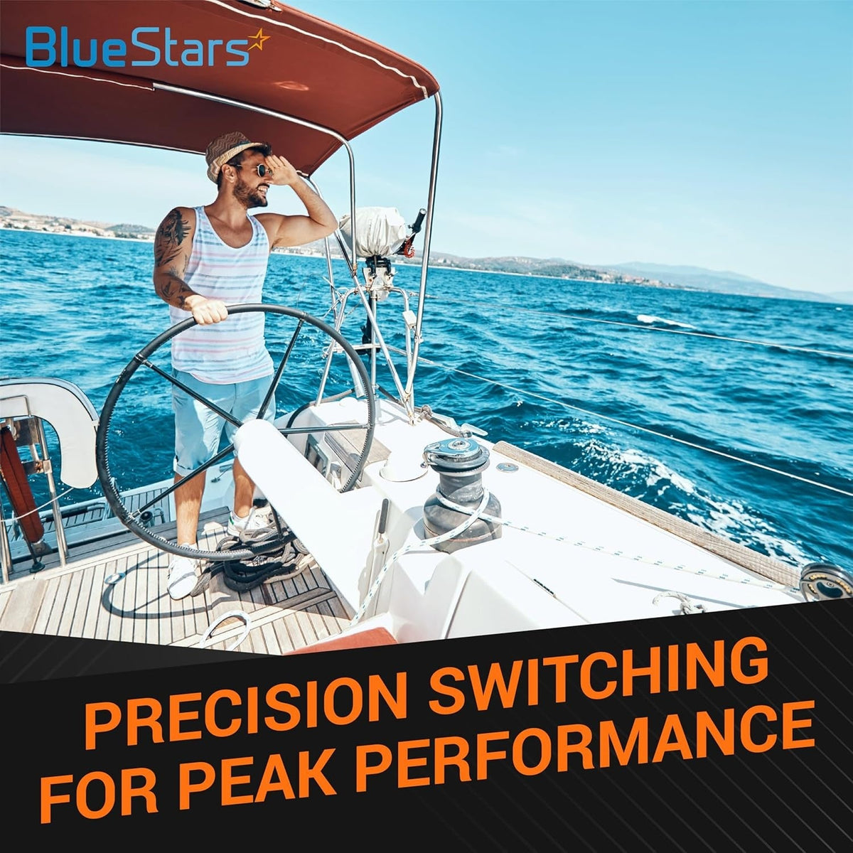 Man steering a sailboat at sea, lifestyle promotional image for 20247 high current battery cut-off switch.