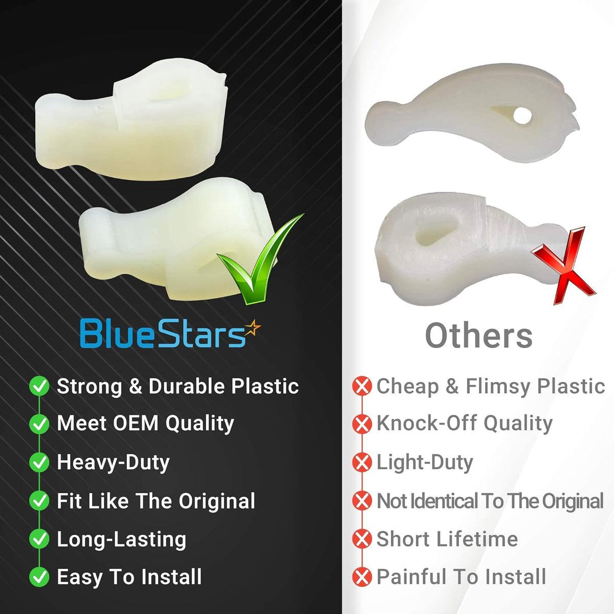Comparison chart showing BlueStars washer agitator dogs versus lower quality alternatives.