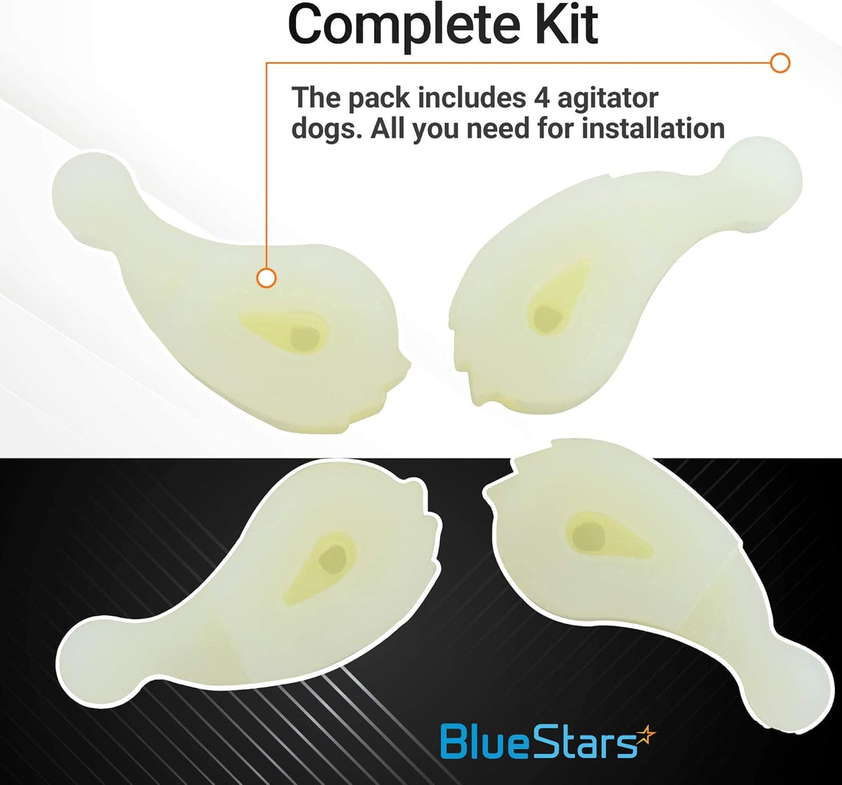 Four white washer agitator dogs for Whirlpool and Kenmore washing machines.