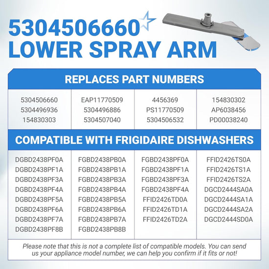 5304506660 dishwasher lower spray arm replacement part with compatibility and cross-reference chart.
