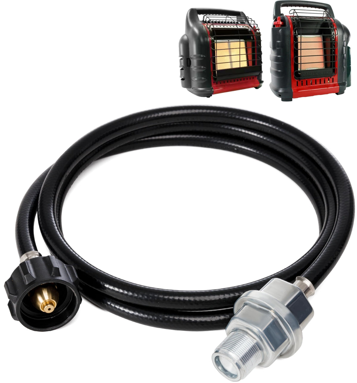 6ft propane hose with QCC1 adapter and fuel filter for Mr. Heater Buddy series portable heaters.