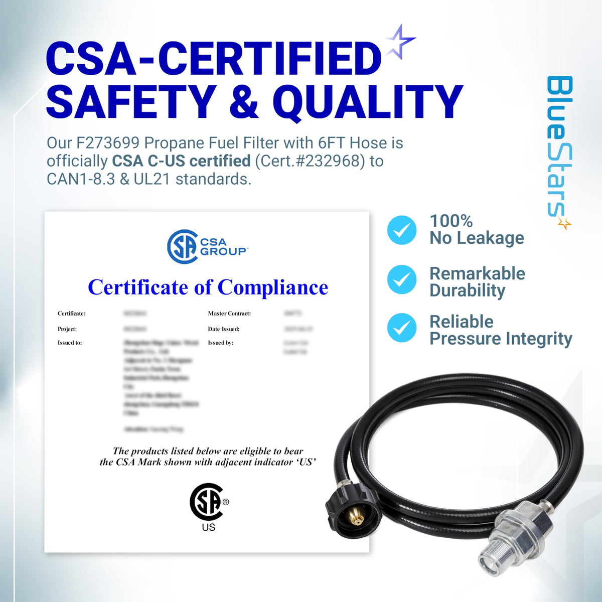 CSA-certified F273699 propane fuel filter and 6ft hose assembly with QCC1 adapter for Mr. Heater Buddy heaters.