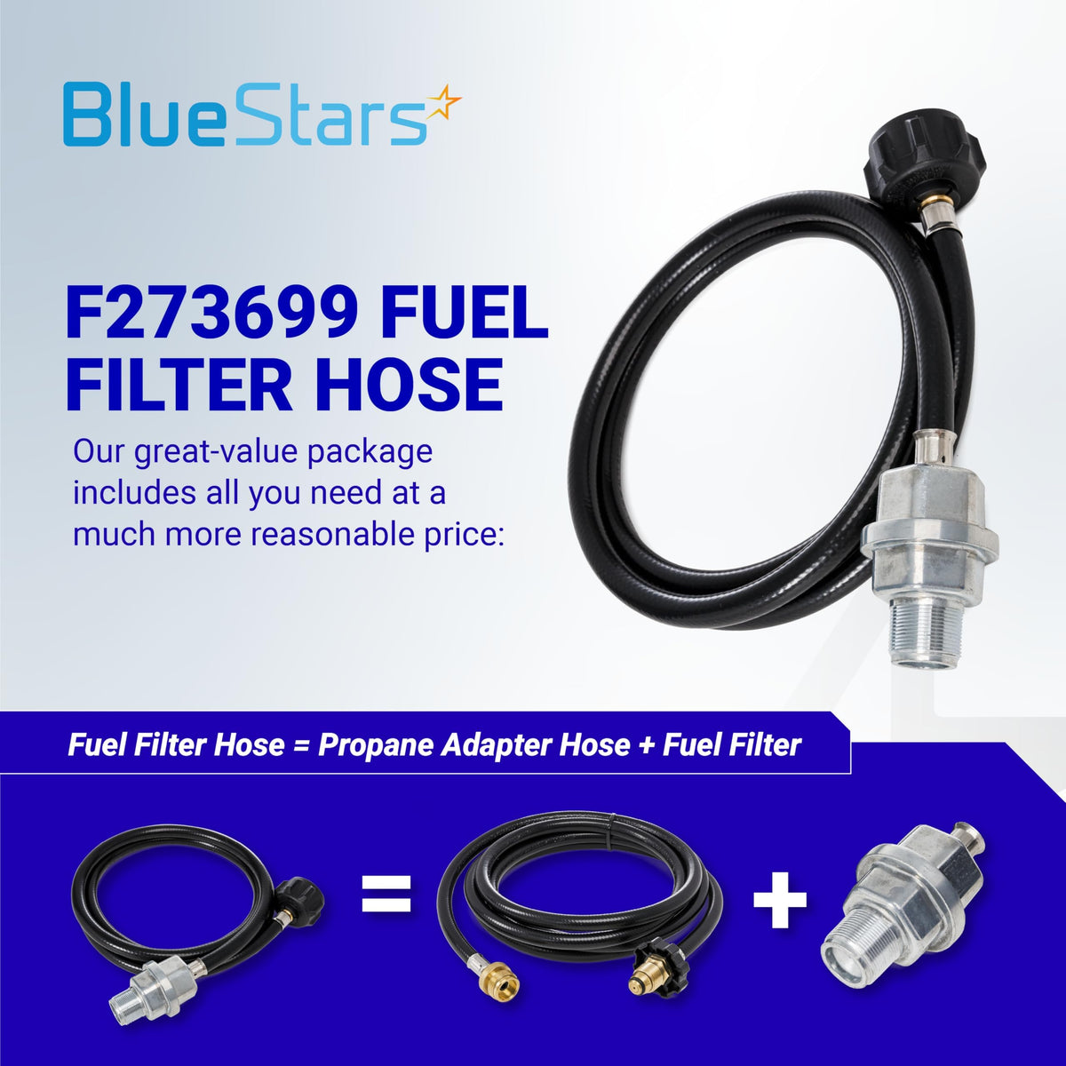 F273699 propane fuel filter and 6ft adapter hose assembly for Mr. Heater Buddy heaters.
