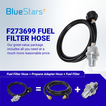 F273699 propane fuel filter and 6ft adapter hose assembly for Mr. Heater Buddy heaters.