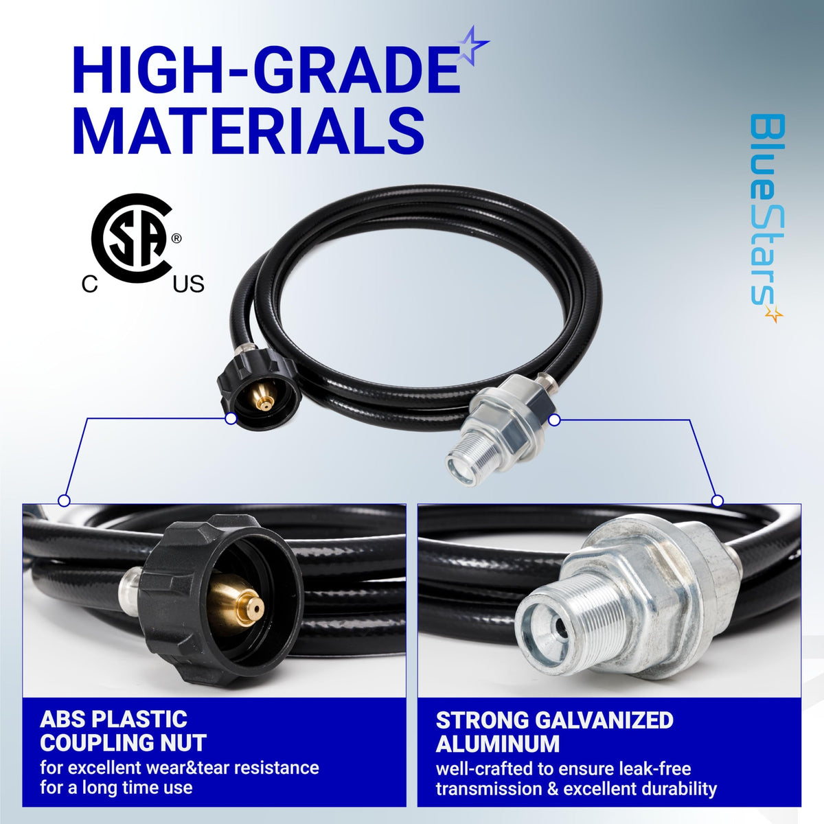 Propane fuel hose assembly with QCC1 adapter and filter, highlighting durable ABS plastic and galvanized aluminum parts.