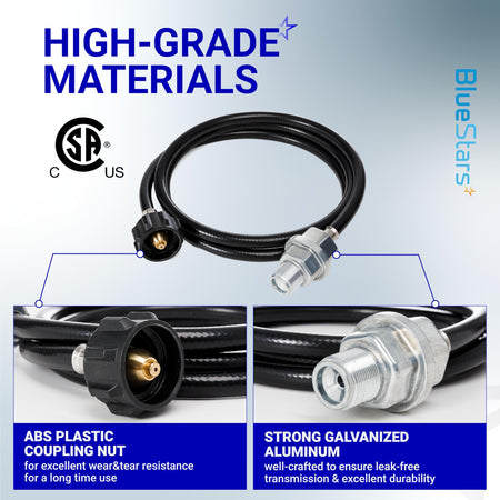 Propane fuel hose assembly with QCC1 adapter and filter, highlighting durable ABS plastic and galvanized aluminum parts.
