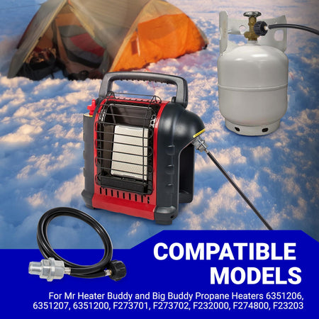 Propane fuel filter with 6ft hose and QCC1 adapter connected to a Mr. Heater Buddy portable heater and propane tank.
