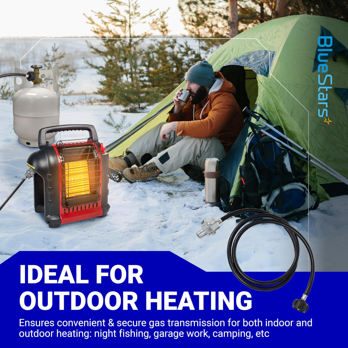 Propane fuel filter and 6ft hose with QCC1 adapter connecting a propane tank to a Mr. Heater Buddy portable heater.