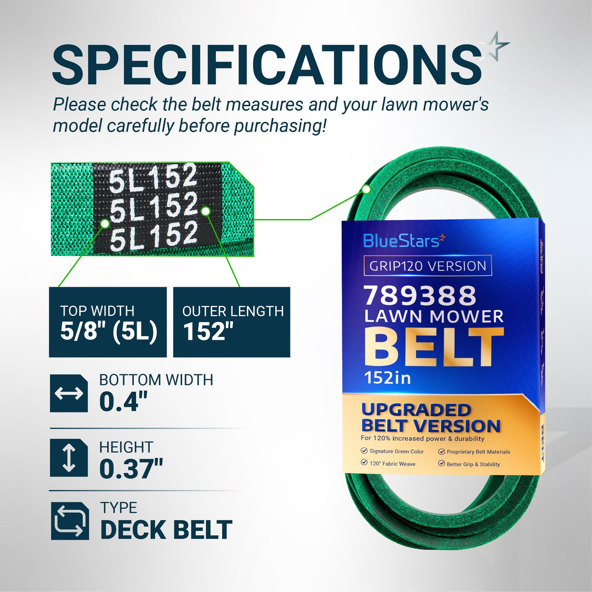 BlueStars 789388 lawn mower deck belt specifications chart showing 5/8 inch width and 152 inch outer length.