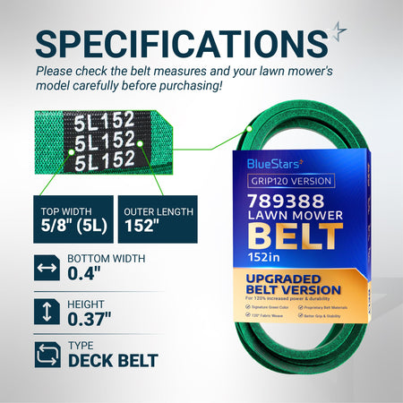 BlueStars 789388 lawn mower deck belt specifications chart showing 5/8 inch width and 152 inch outer length.